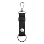 A black leather keychain with a metal carabiner and a snap button, featuring a debossed Trident logo.