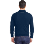 Back view of men wearing a navy blue quarter zip sweater with a mock neck, featuring embroidered Maserati logo on the back.