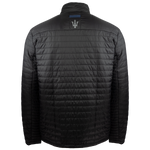 A black men's quilted jacket with navy blue zippered chest pocket and storm flap, featuring Maserati script embroidery on the left chest and a Trident logo on the back yoke.