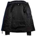 Inside of black men's quilted jacket with navy blue zippered chest pocket and storm flap, featuring Maserati script embroidery on the left chest and a Trident logo on the back yoke.