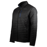 A black men's quilted jacket with navy blue zippered chest pocket and storm flap, featuring Maserati script embroidery on the left chest and a Trident logo on the back yoke.