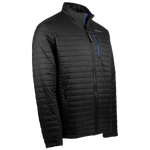 A black men's quilted jacket with navy blue zippered chest pocket and storm flap, featuring Maserati script embroidery on the left chest and a Trident logo on the back yoke.