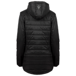 Back of Black women’s puffer jacket with hood, full zip front, and Maserati logo embroidered on the hoodie. 
