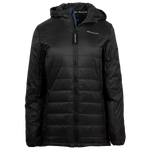 Black women’s puffer jacket with hood, full zip front, and Maserati logo embroidered on the chest.