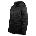 Black women’s puffer jacket with hood, full zip front, and Maserati logo embroidered on the chest.