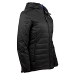 Black women’s puffer jacket with hood, full zip front