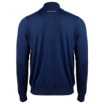 Back of navy blue quarter zip sweater with a mock neck, featuring a grey  embroidered Maserati logo on the back.