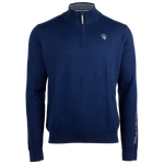 navy blue quarter zip sweater with a mock neck, featuring a grey silicone zipper pull and Trident logo. The sweater has contrasting grey details and embroidered Maserati Trident logo on the left chest.