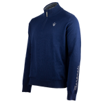 navy blue quarter zip sweater with a mock neck, featuring a grey silicone zipper pull and Trident logo. The sweater has contrasting grey details and embroidered Maserati Trident logo on the left chest.