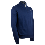 navy blue quarter zip sweater with a mock neck, featuring a grey silicone zipper pull and Trident logo. The sweater has contrasting grey details and embroidered Maserati Trident logo on the left chest.