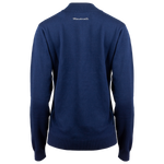 Back of Navy blue quarter zip sweater with a mock neck, featuring the Maserati brand on the back.
