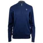 Navy blue quarter zip sweater with a mock neck, featuring a grey silicone zipper pull with Trident logo, and the Maserati brand visible on the chest and sleeves.