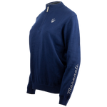 Navy blue quarter zip sweater with a mock neck, featuring a grey silicone zipper pull with Trident logo, and the Maserati brand visible on the chest and sleeves.