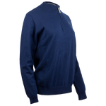 Navy blue quarter zip sweater with a mock neck, featuring a grey silicone zipper pull with Trident logo, and the Maserati brand visible on the chest and sleeves.