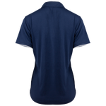 Back of navy blue polo shirt with white contrast sleeve piping and a V-neck collar.