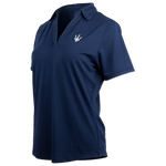 A navy blue polo shirt with white contrast sleeve piping and a V-neck collar, featuring Maserati logo on left chest