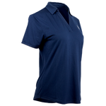 navy blue polo shirt with white contrast sleeve piping and a V-neck collar.