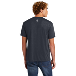 Back view of a man wearing a navy t-shirt with 'MASERATI' printed across the front and a trident logo on the back yoke.