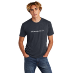 A man wearing a navy t-shirt with 'MASERATI' printed across the front and a trident logo on the back yoke.