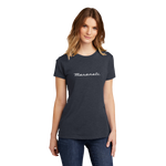 A woman wearing a navy t-shirt with 'MASERATI' printed across the front in white script.