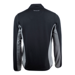 Back view of Men's long sleeve quarter zip pullover with contrast sleeves and side panels in dark gray, featuring a trident logo on the left chest and a script logo on the back yoke.