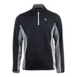Men's long sleeve quarter zip pullover with contrast sleeves and side panels in dark gray, featuring a trident logo on the left chest and a script logo on the back yoke.