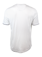 Back of men's short-sleeve white henley with a V-neck collar, featuring an embroidered Maserati Trident on the left chest and navy blue contrast piping on the sleeve openings.